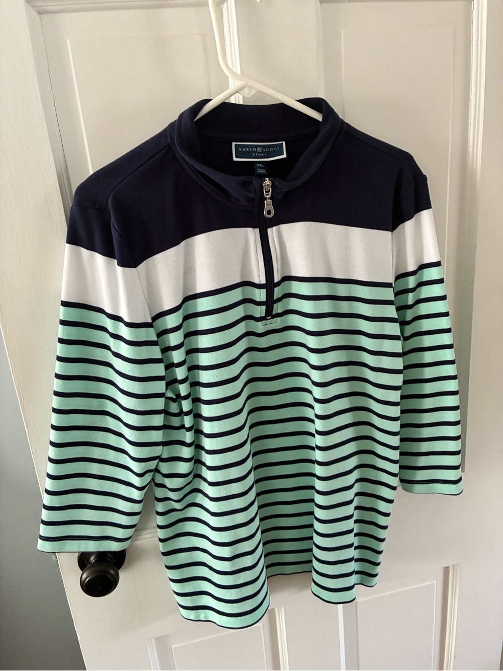 Navy and Mint Striped Quarter-Zip Top
